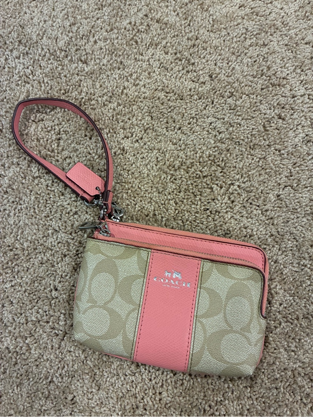 Coach Tan Signature Canvas Wristlet with Pink Leather Trim